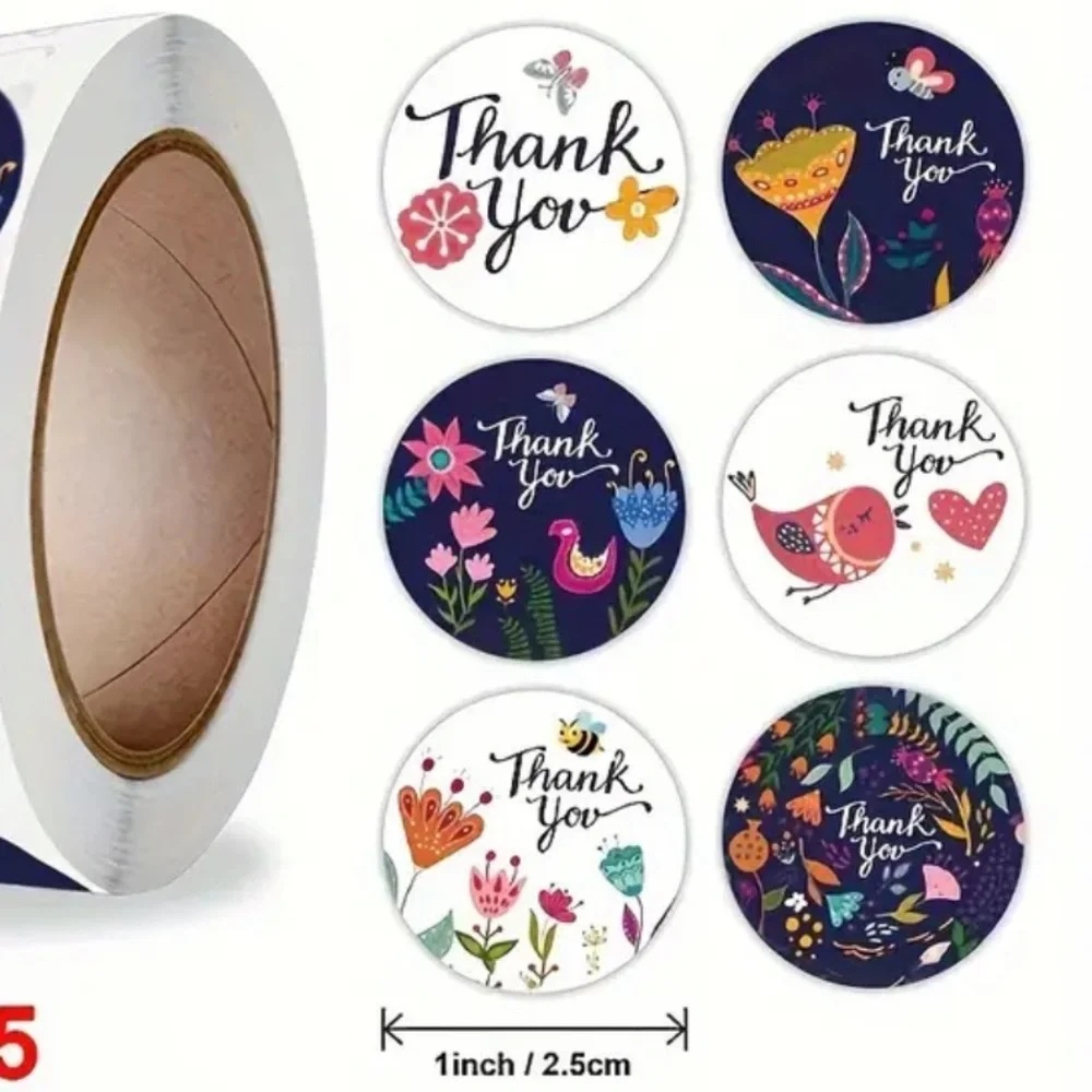 Roll of 500 Round Thank You Stickers Flowers & Birds